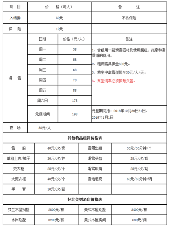 北京懷北國際滑雪場2018-19雪季收費項目