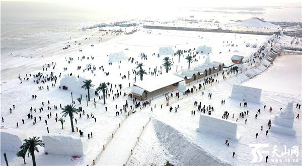 游客在新疆博斯騰湖大河口（西海漁村）景區欣賞雪雕